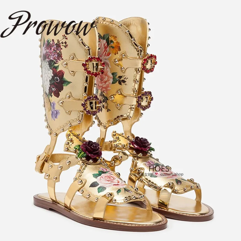 

Prowow New genuine leather printed floral summer sandals open toe gladiator jewel beading flats sandals