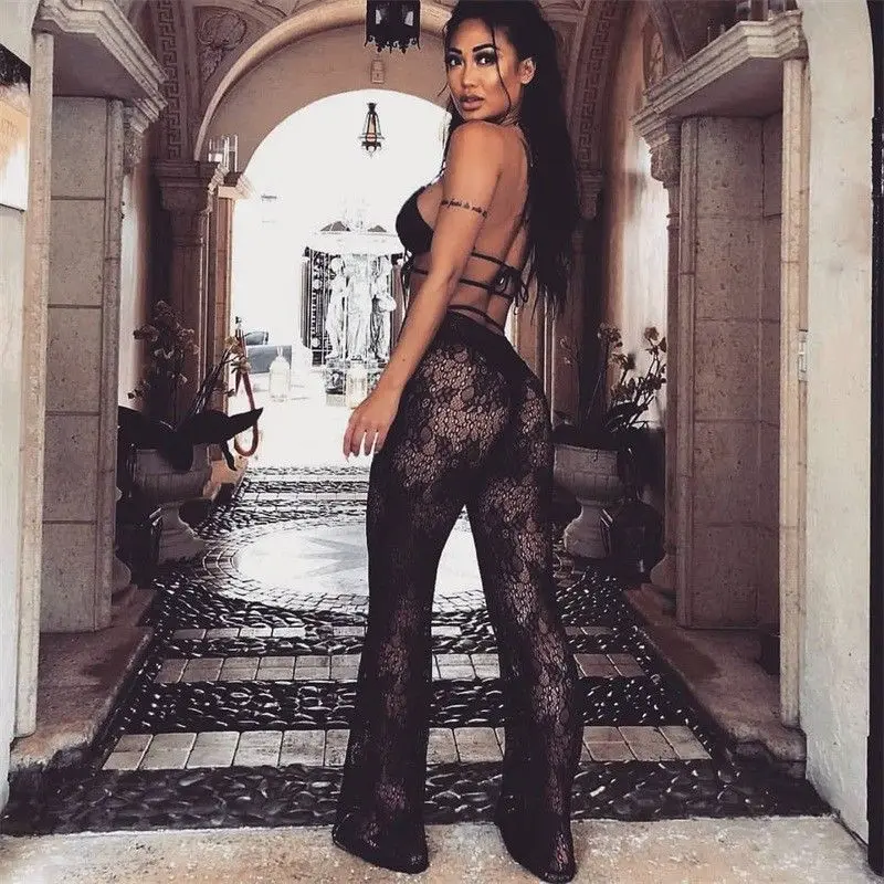 

Summer Sexy Women Loose Lace Hollow Out High Elastic Waist Pants Female Beachwear Swimming Long Trousers See-through Pant