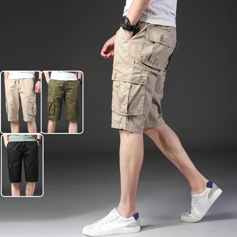 

khaki army green black color elastic waist drawstring safari style multi pockets bermuda cargo shorts for men boys summer season
