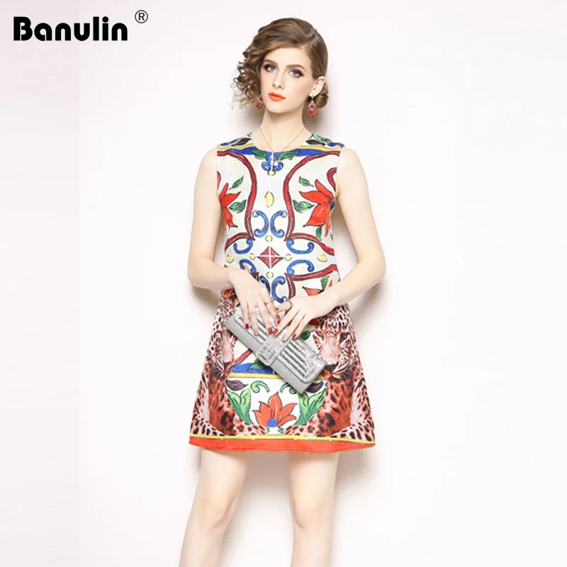 

High Quality Short Dress Runway Spring Summer Women New Fashion Party Office Vintage Elegant Tiger Print Sleeveless Vest Dress