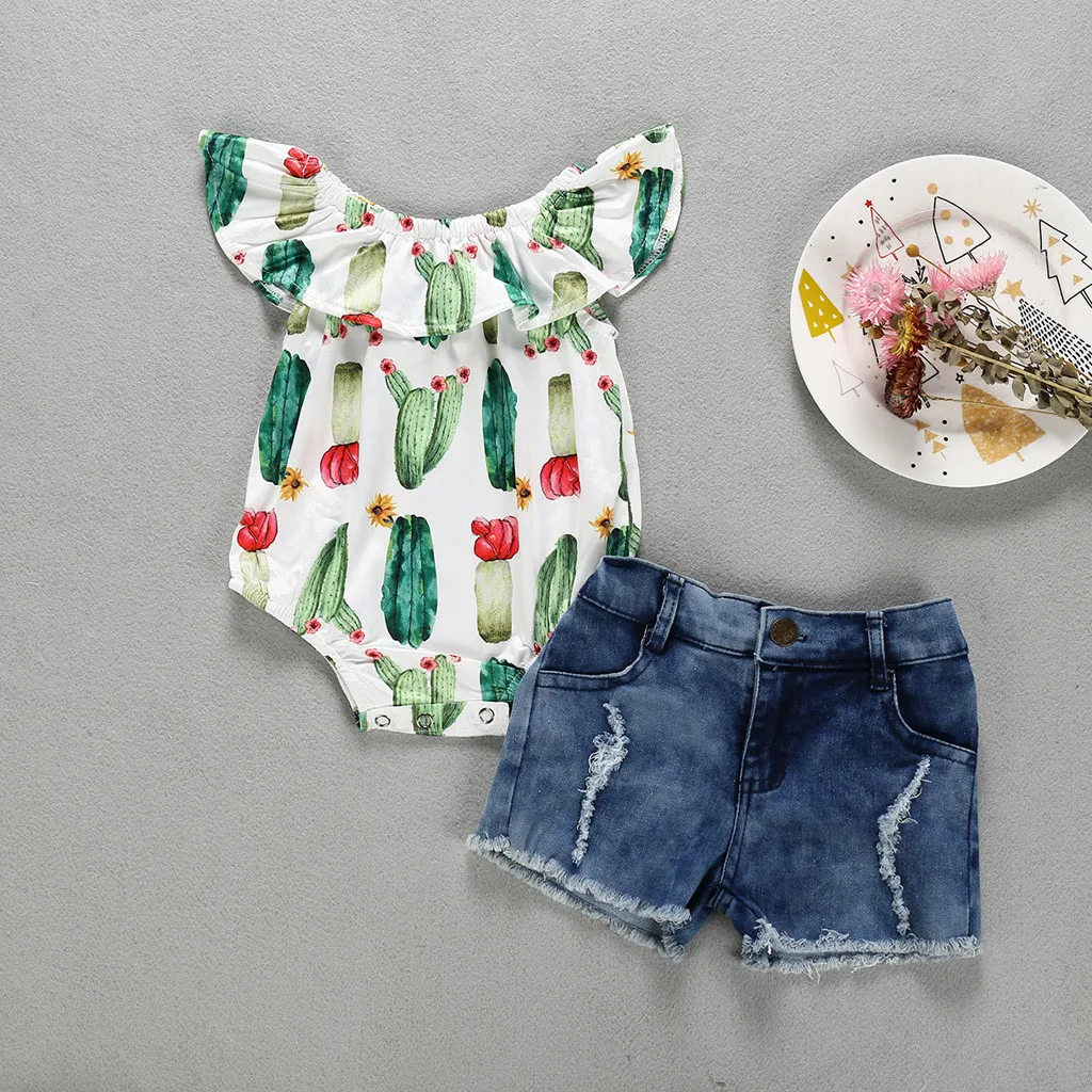 

Toddler Baby Girls Clothes Sleeveless Cactus Print Crop Tops+Romper Denim Shorts 2pcs Outfit Set Clothes Summer