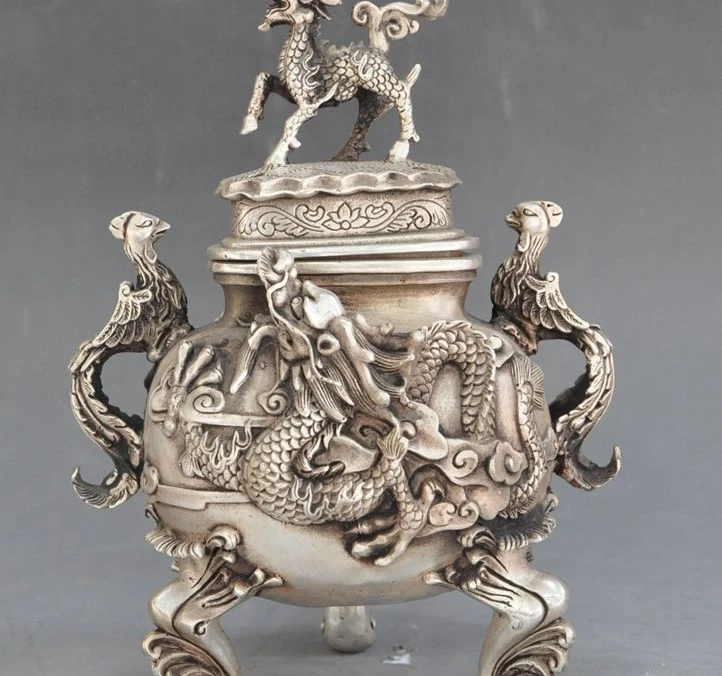 

10"Marked chinese Silver Dragon Phoenix Kirin Beast statue incense burner Censer