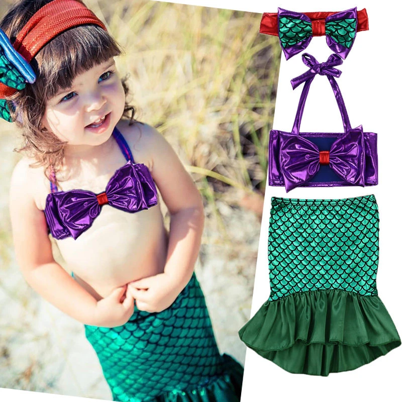 

2017 Toddler Kids Baby Girl Tops+Skirts Mermaid Tail Dress 3pcs Outfits Swimwear Two Pieces Swimsuit Brazilian Beachwear Biqunis