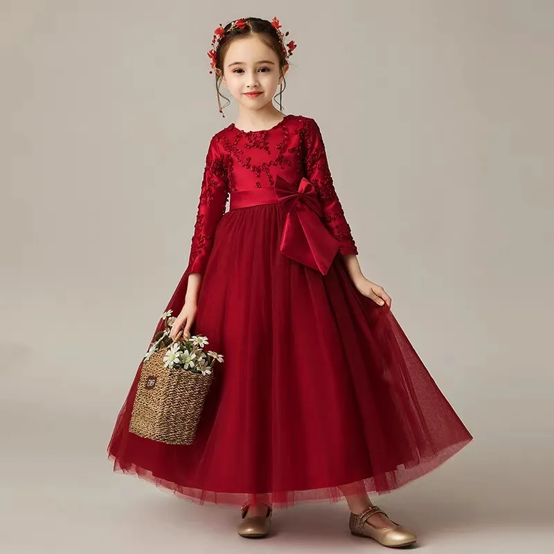 

3~14Year Toddler Little Girls Wine-Red Birthday Wedding Party Long Sleeves Princess Mesh Dress Kids Children Piano Costume Dress