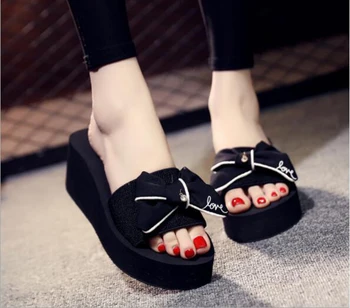 

Summer New High-heeled Non-slip Bow-knot Female Beach Sandals and Slippers Thick Bottom Wedge Sandals and Slippers Tide