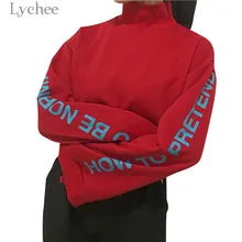 Lychee Harajuku с буквенным принтом, водолазка, Женская толстовка, с разрезом, с длинным рукавом, одноцветная толстовка, повседневная, свободная, женские пуловеры