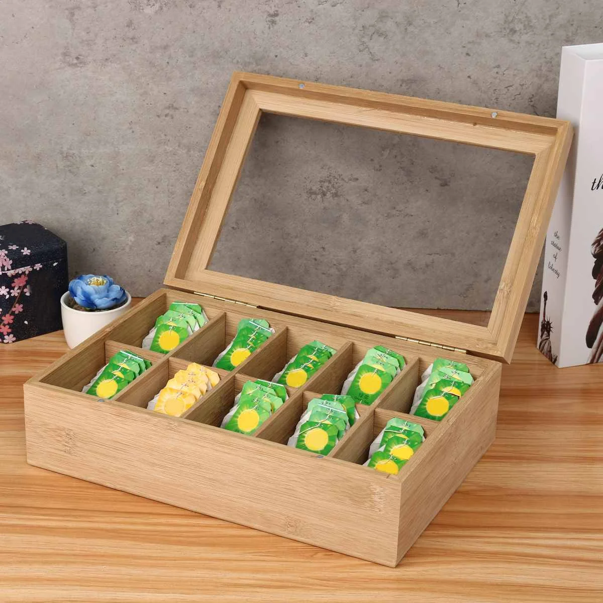 

Multifunction 10 Grids Bamboo Tea Box Sugar Bag Storage Box Organizer Container Case Decoration Gifts Kitchen Accessories