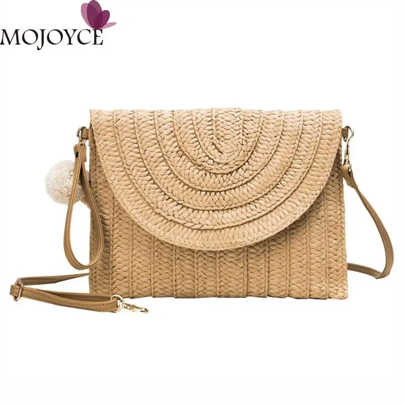 

Solid Color Clutch Women Shoulder Messenger Flap Woven Pompon Pendant Bags