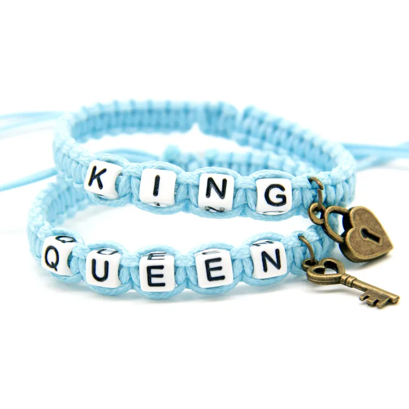 

2pcs/pair Couple Bracelets Solid Blue King And Queen With Key Lock Rope Chains Lovers Gift Handmade Charm Bracelets Accessories