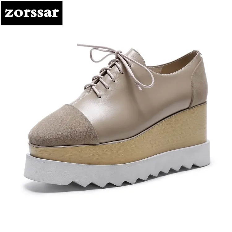 {Zorssar} 2018 NEW Genuine Leather womens Platform shoes Lace-up Square toe Wedges High heels casual Creepers shoes SIZE 33-40 {Zorssar} 2018 NEW Genuine Leather womens Platform shoes Lace-up Square toe Wedges High heels casual Creepers shoes SIZE 33-40