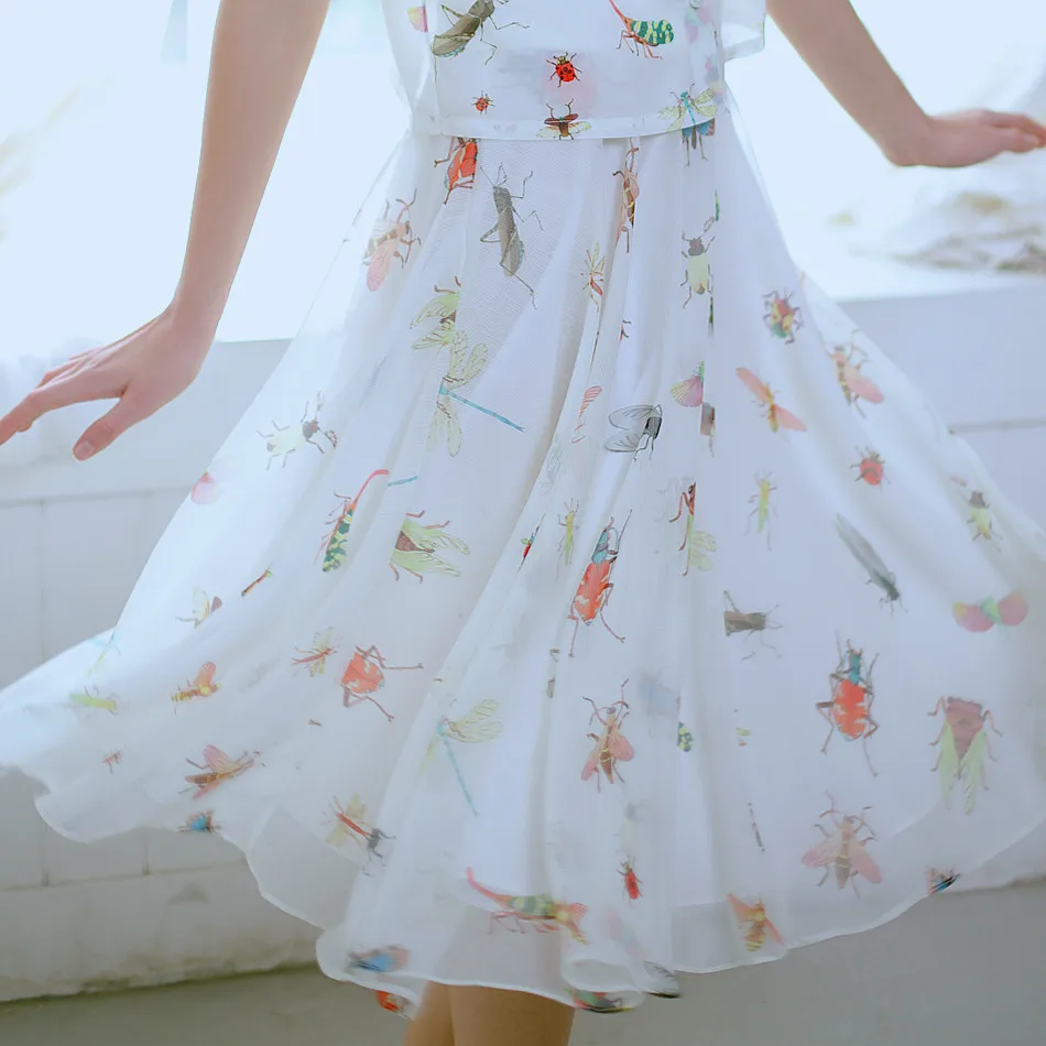 

LYNETTE'S CHINOISERIE 2016 Summer New Original Design Women High Quality Painting Insect Print Sweet Flowing Chiffon Skirt