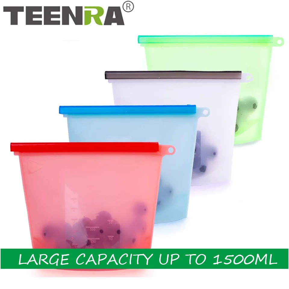 

TEENRA 1500ML Reusable Silicone Fresh Bags Vacuum Sealer Fruit Meat Zip Silicone Food Containers Wrap Kitchen Tools