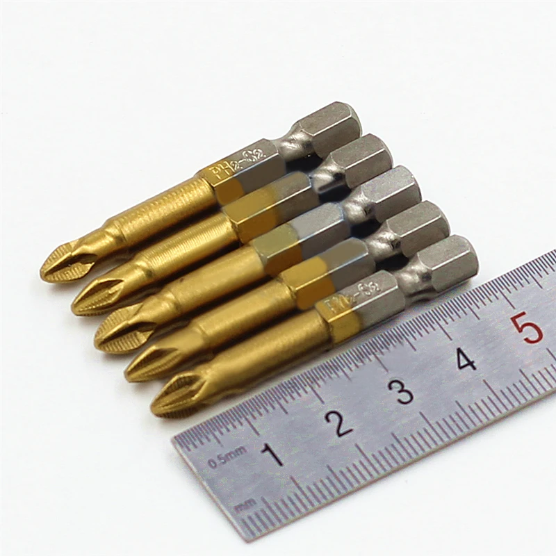 5pcs 50mm Length Titanium Coated PH2 Anti Slip Bits Electric Screwdriver Bits 1/4" Hex Shank Screwdriver with Magnetic Tip
