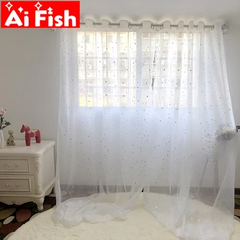 

White Shiny Sliver Star Tulle Curtains For Living Room Modren All-match Yarn with Window Drapes Sheer for the Bedroom Decor -40