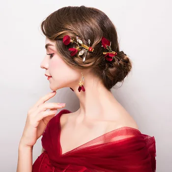 

Red Wedding Bride Headdress Hairpin Clip Jewelry Set Accessories Flowers Ornaments New styles of Roses Goddes Style Barrettes
