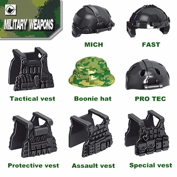 

Military Swat Team Army Soldiers Armed MICH Helmet Police Tactical Vest WW2 MOC Weapon LegoINGlys Accessories Building Blocks