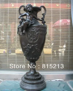 

bi00219 17"Signed Bronze & Marble statue Art Boy Leaves Vase Sculpture