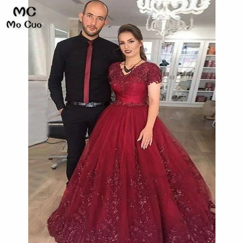 Luxuries 2018 Burgundy Ball Prom dresses Long with Appliques Short Sleeves Tulle Graduation Evening Dress for Women | Свадьбы и