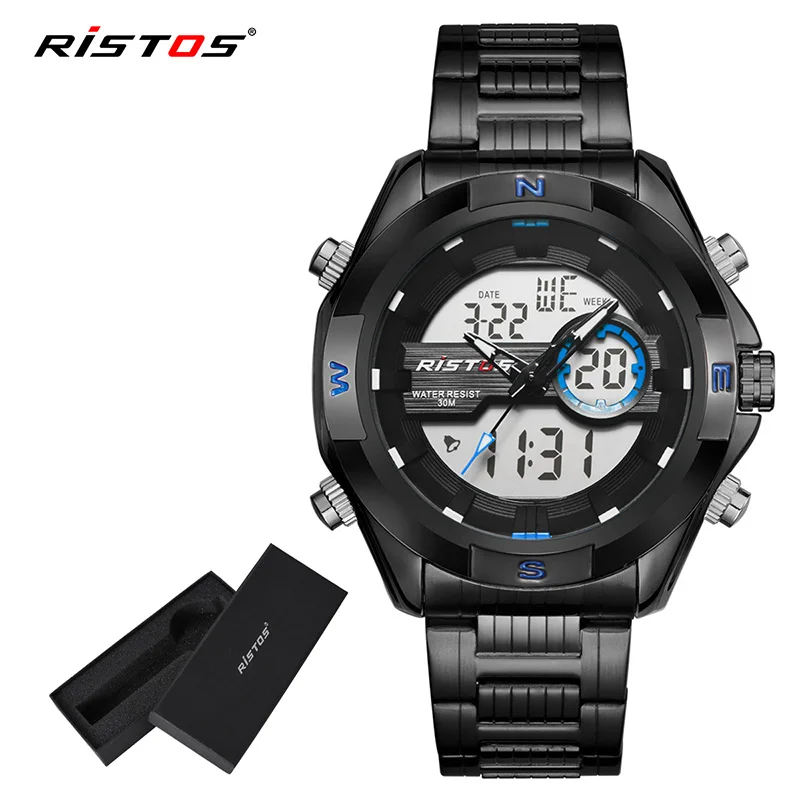 RISTOS мужские спортивные часы с хронографом, цифровые мужские модные часы Relojes Masculino Hombre, многофункциональные аналоговые наручные часы 9369 - Цвет: Black Blue Box