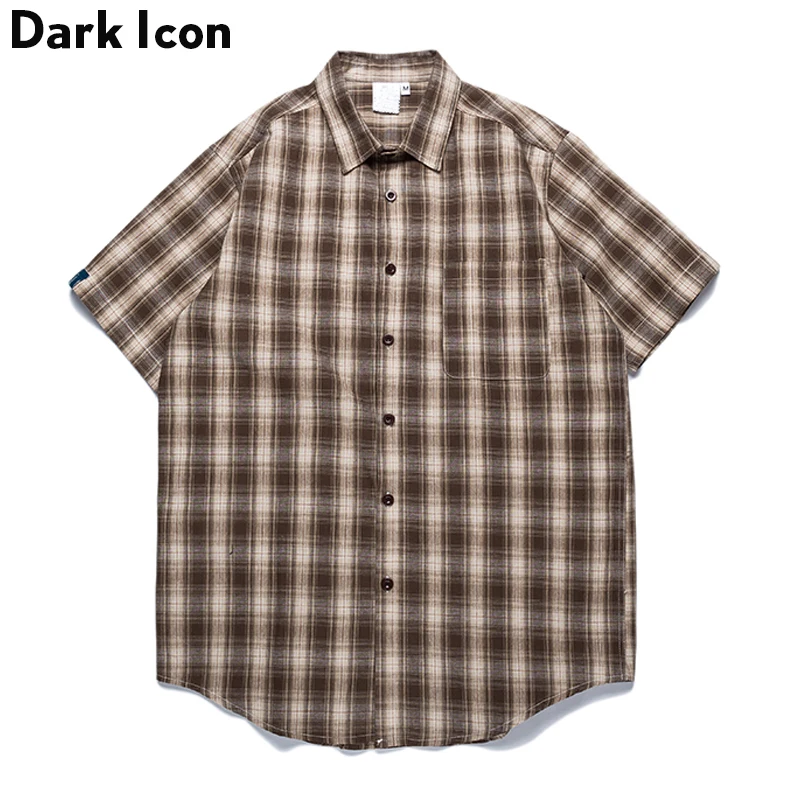 

Dark Icon Plaid Turnd-own Collar Men's Shirt Short Sleeve Checker Shirts Men Front Pocket Casual Shirts for Men 3 Colors