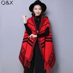 SC71 2018 новый платок женские осенние и зимние полосатый плащ платок вязаный кардиган платок женщина куртка Красный пончо с шляпа