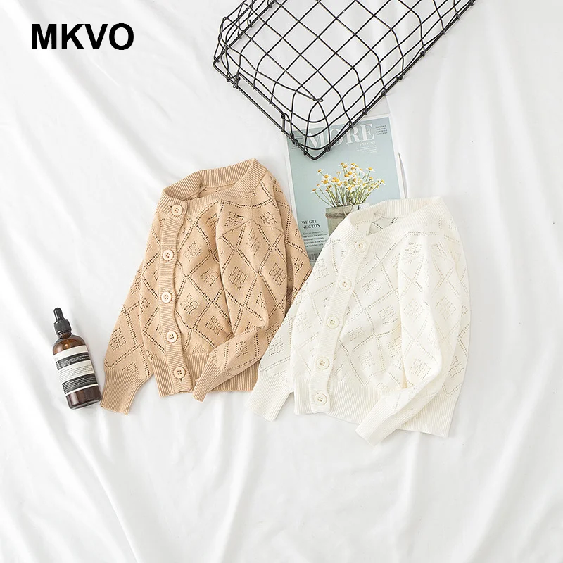 

Spring / Autumn Thin Children's Sweater Openwork Round Neck Cardigan Cotton Knit Boys Girls Baby Long Sleeve White Khaki Sweater