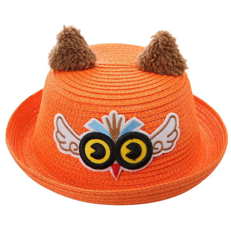 Детские шляпы, летние Панамы для девочек, милые соломенные кепки с рисунком котенка для мальчиков, детские шляпы в стиле хип-хоп с изображением милого медведя для девочек - Цвет: orange bird