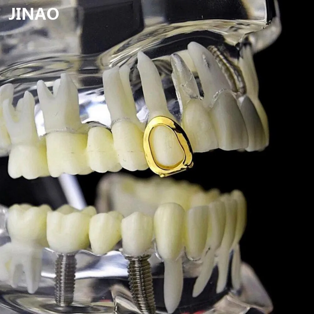 JINAO желтое золото цвет покрытием полые открытым лицом Grillz Один Топ зубы кепки хип хоп зуб грили для подарка