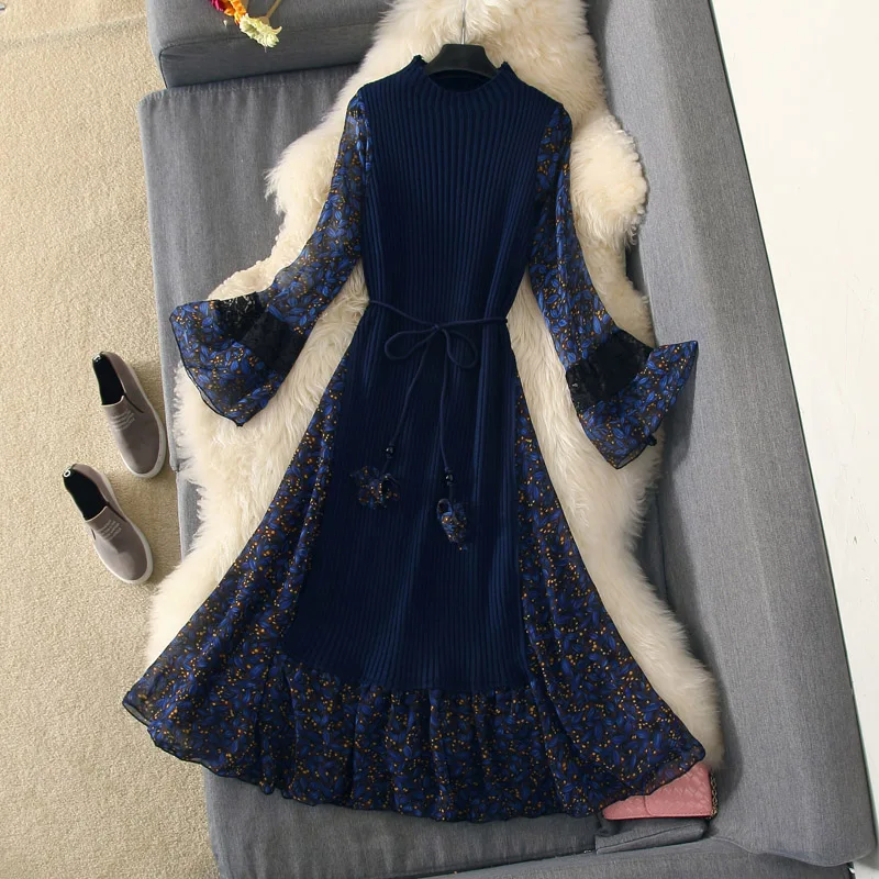 

Womens Elegant Dress Autumn Chiffon Knit Splice Print Party Dress Fashion Girl Lady Flare Sleeve Belt Sexy Dresses Vestido Femme