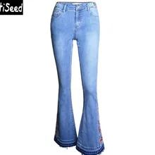 Женские джинсы расклешенные брюки Костюмы леди Винтаж элегантные офисные Тонкий Вышивка цветочные джинсы длинные брюки