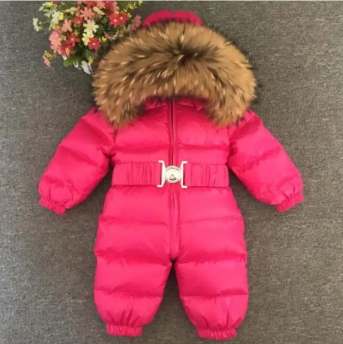 Зимние Пуховые куртки для новорожденных мальчиков и девочек 0-5 лет, комбинезон из 90% белого утиного пуха с натуральным мехом, верхняя одежда для детей, ws07 - Цвет: rose