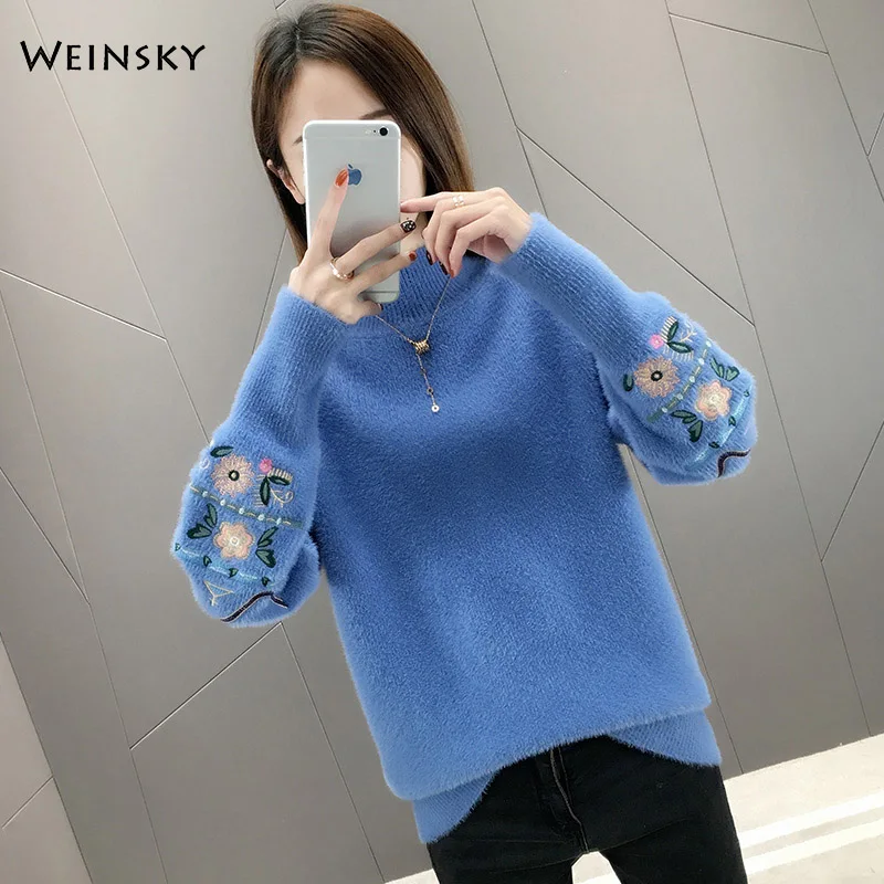 Women Knitted Sweater And Pullovers Korean Fashion Style Turtleneck Sweaters Autumn And Winter New Wool Yellow Sweater - Цвет: Синий