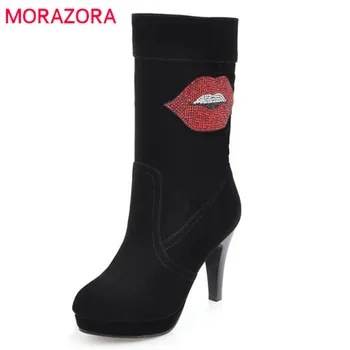 

MORAZORA 2020 new arrival flock mid calf boots women round toe slip on autumn winter boots sexy high heels shoes platform boots