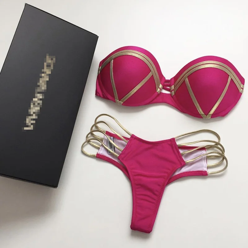 

Sexy Bandeau Bikini Thong Women 2019 Swimsuit Strapless Brazilian Bikini Set Padded Push Up Swimwear Biquini Bathing Suit Female