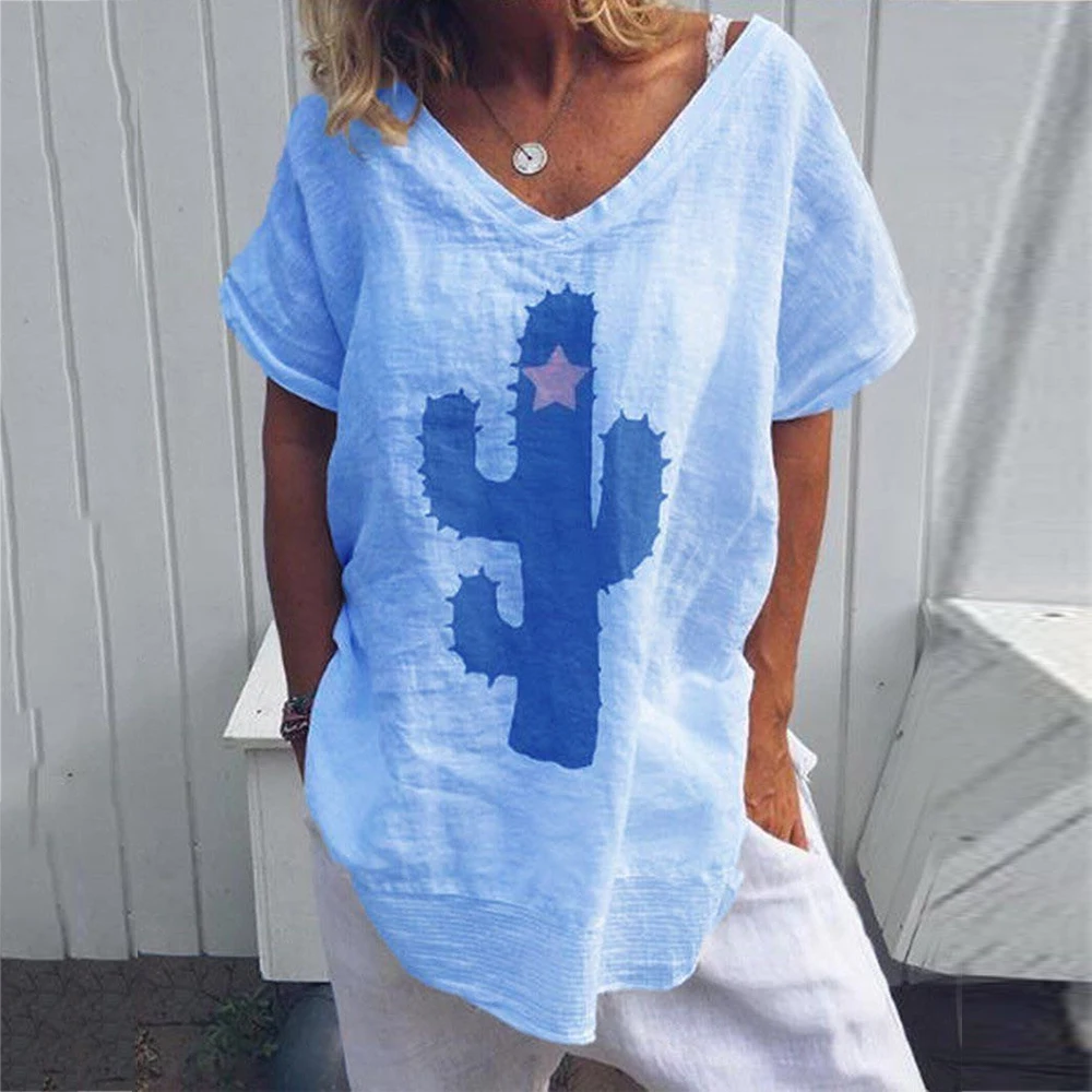 Women's White Blouse Cactus Printed Womens Tops and Blouses Summer Short Sleeve Loose Shirt V-Neck Casual Summer Top Tunic 5XL