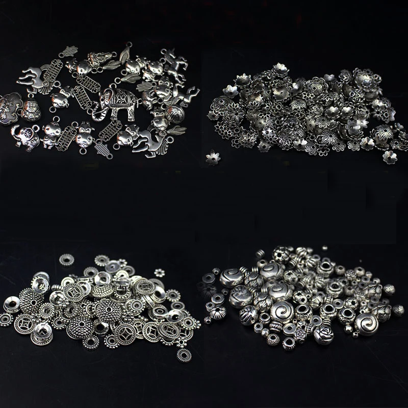 

50g Wholesale High Quality Antique Silver Charm Flowers Elephant Charms Pendant For Necklace Round Bead Jewelry Accessories