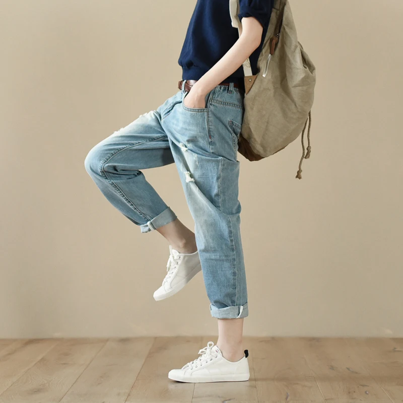 

LRCP Spring Autumn Women Vintage Loose Ripped Cotton Denim Pants