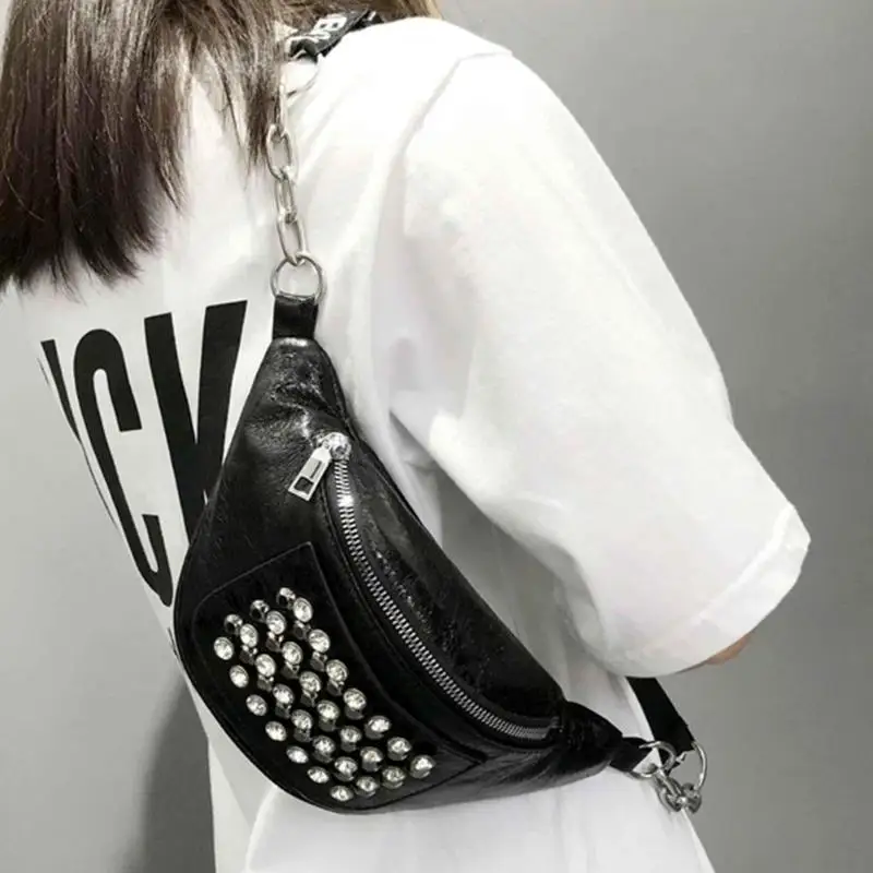 

Street Glitter Rhinestones Rivets Women PU Leather Fanny Shoulder Bags Zipper Phone Purse Waist Packs travel waist bag black