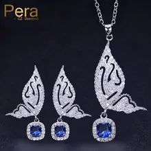 Pera сверкающий королевский синий для женщин вечерние ювелирные изделия подарок большая бабочка Форма Кристалл камень серебро 925 ожерелье набор J228