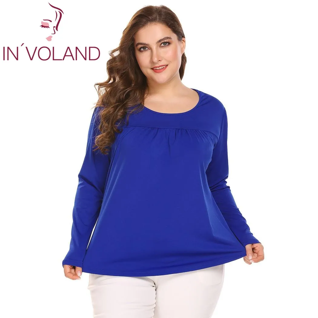 Blue IN'VOLAND, размер d, XL-5XL, Женские базовые футболки, топы, круглый вырез, длинный рукав, с рюшами спереди, большие, свободные, Pullober, футболка размера плюс - Цвет: Blue