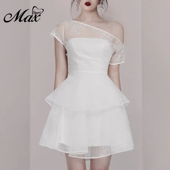 

Max Spri 2019 Women Outfit Party Dress Off the Shoulder Mesh Ruffle Mini Dress White Party Clothing With Pearl Summer Dress