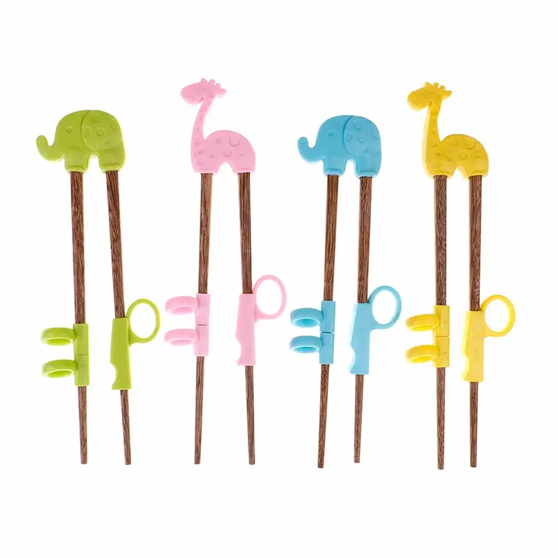 2pcs 4 Colors Baby Training Chopsticks Wood Silicone Baby Exercise Training Chopsticks Cartoon Children Learning Chopsticks