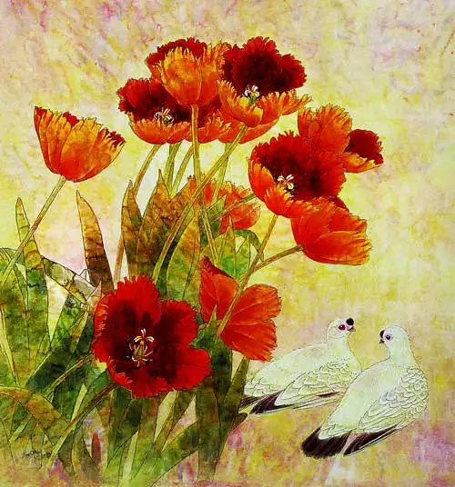 

Free shipping Middle size still life gobelin Tapestries for furniture,Red Flowers with Mandarin duck,Art Wall Picture for DEC