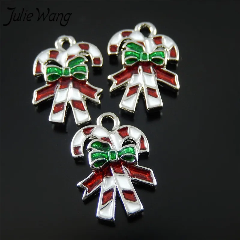 Julie Wang, 10 шт., яркие эмалированные рождественские палочки, форма, серебристый цвет, на основе рождественского декора, подвески, Очаровательное ожерелье, сделай сам