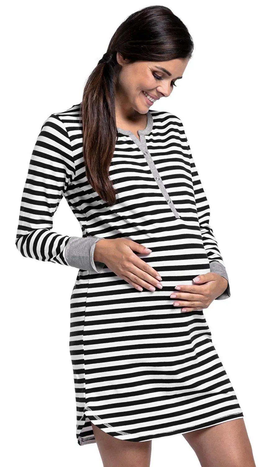 Striped Maternity Robe Pregnant Long Sleeve Labor Delivery Nursing Hospital Gowns Nursing Nightgown for Breastfeeding Sleepwear