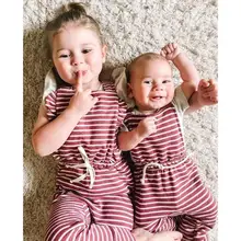 Летняя новая детская одежда новорожденная девочка комбинезон мягкий хлопок дышащий младенческой спинки полосатый комбинезон