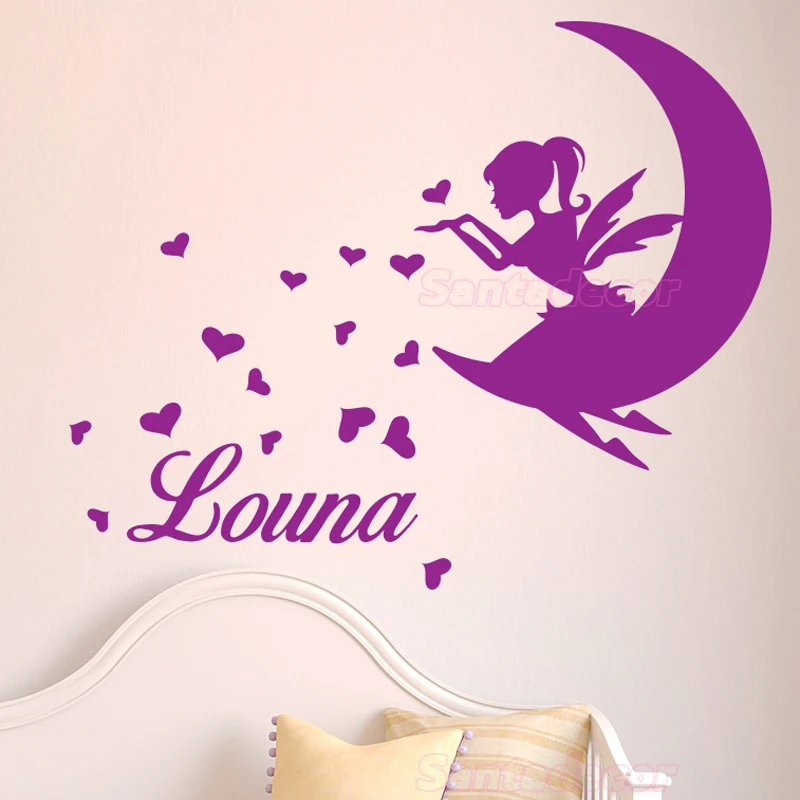 

Personalized Name Decals Magical Fairy Moon Hearts Mural Vinyl Wall Stickers Home Decor for Kids Room Decoration 55 cm x 60 cm