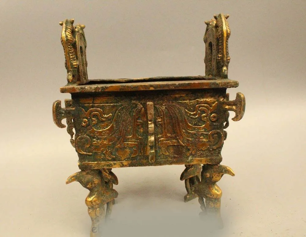 

DS 8" Ancient Chinese Dynasty Bronze Gild 4 Foot Square Dragon Ding Incense Burner