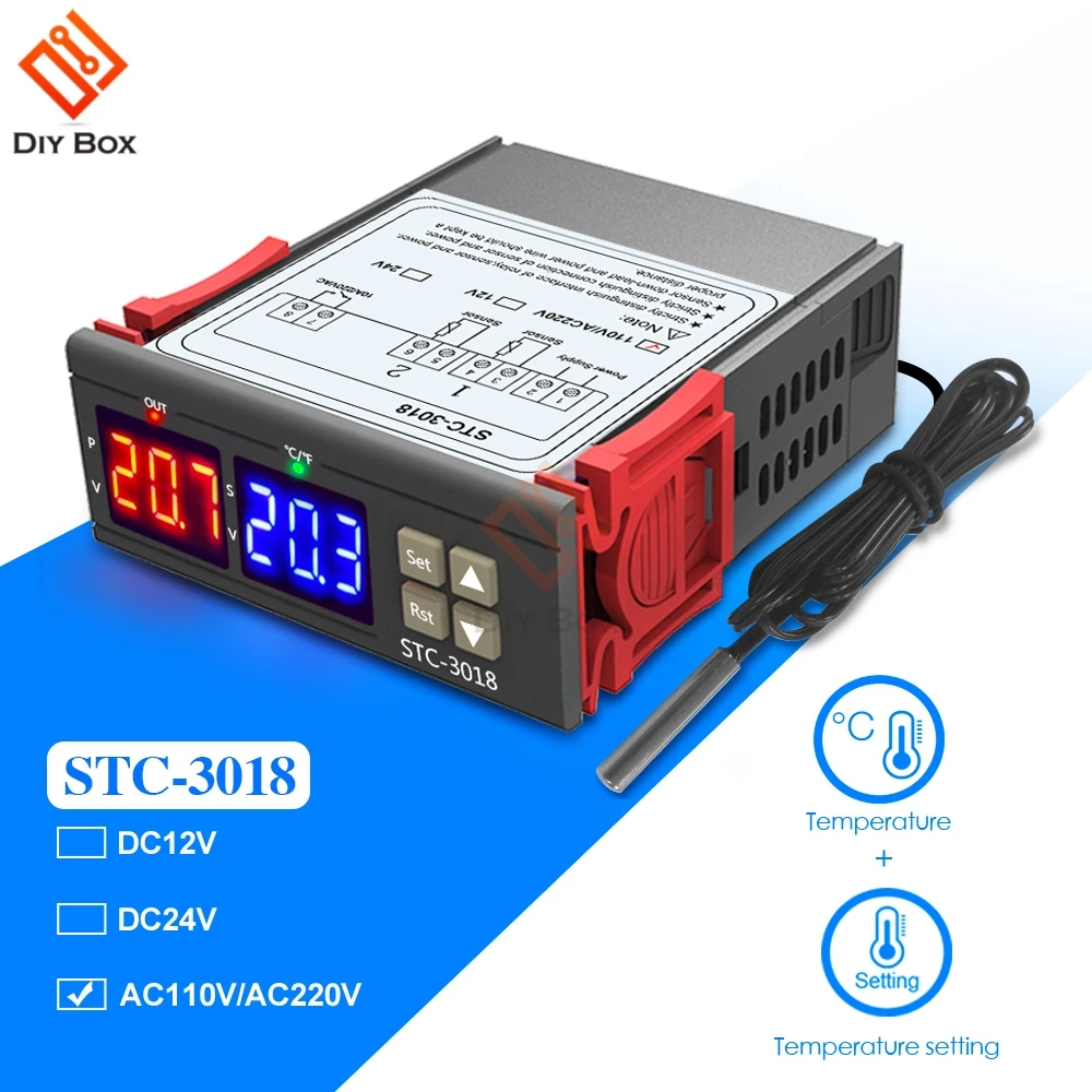 

STC-3018 Dual Digital LED Temperature Controller C/F Thermostat Thermoregulator Incubator DC 12V 24V AC 110V-220V 10A NTC Sensor