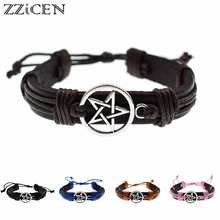 Pulseiras de couro legítimo, punk, antiguidade, pentosas, bruxa, estrela, símbolo das mulheres, homens, vintage, joias ajustáveis
